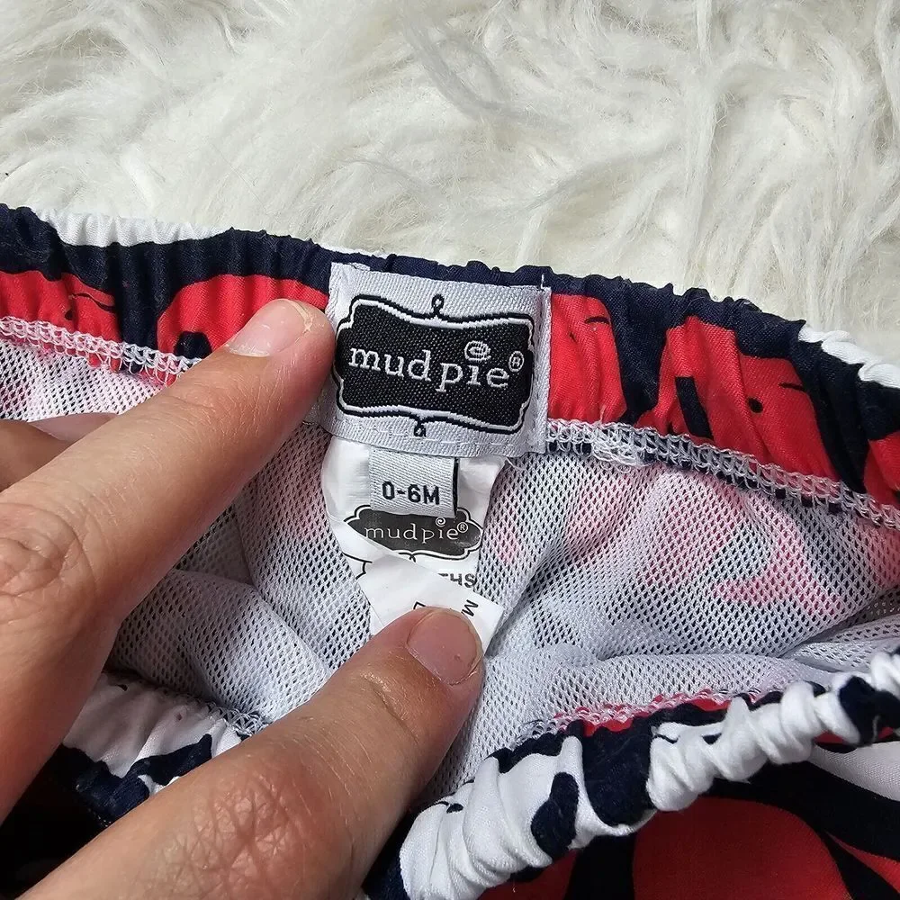 Mud Pie Red White Blue Whale Print Swim Trunk Baby Boy Size 0-6 Months Lined